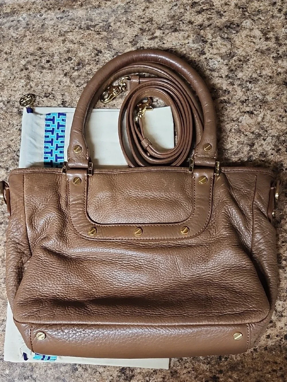 Tory Burch Amanda Brown Leather Satchel Handbag with Gold Logo Accent